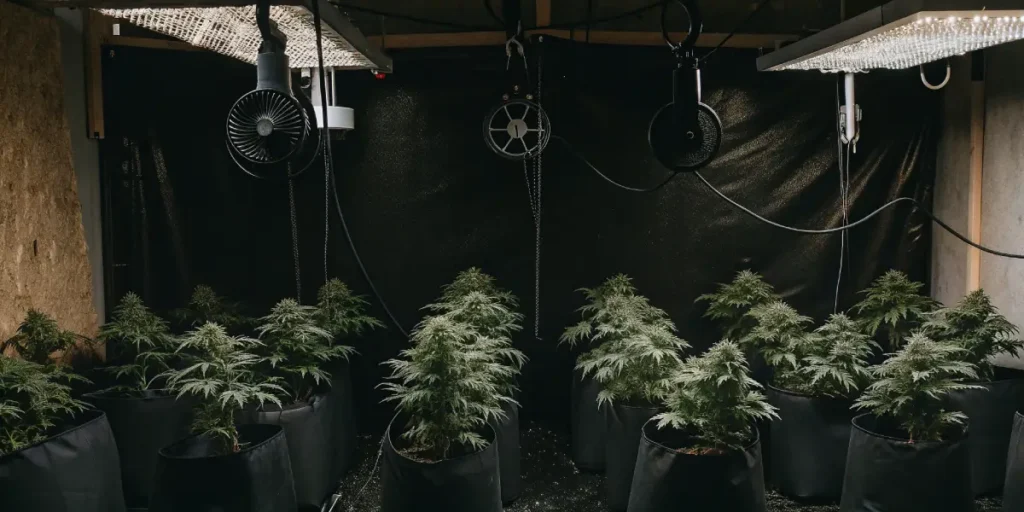 Indoor cannabis grow room with LED lights and healthy green plants