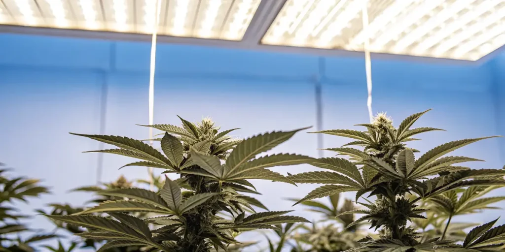 Indoor cannabis grow room with LED lighting system.