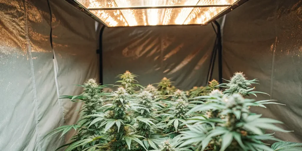 Indoor cannabis grow tent filled with healthy flowering marijuana plants.