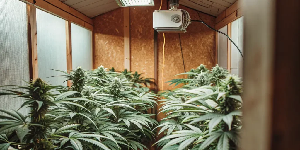 Indoor cannabis grow room with wooden walls and strong flowering plants under grow lights.