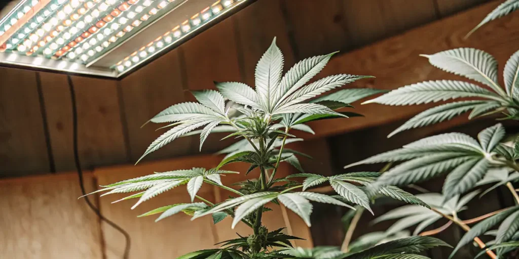 Indoor cannabis plant growing under LED grow lights