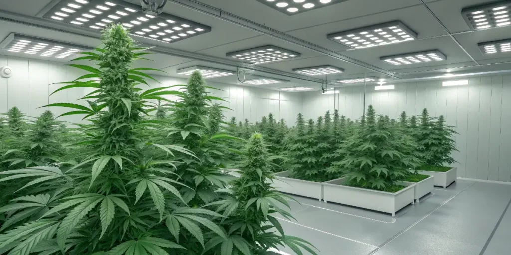 cannabis plants in vegetative stage under white LED panels.