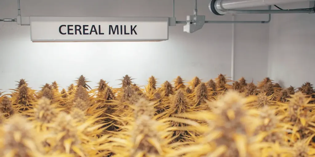 indoor grow room with cereal milk cannabis plants under white light