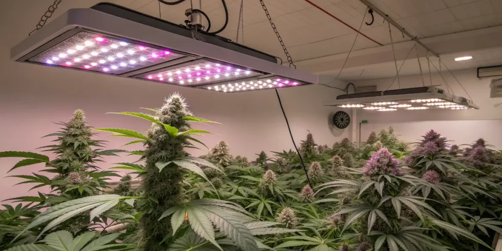 indoor cannabis plants under LED lights growing in controlled environment.