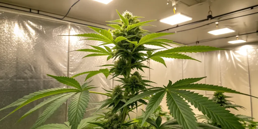 tall cannabis plant covered in buds in indoor growing tent.