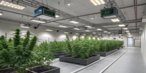 Modern indoor grow room with lush Amsterdam Amnesia plants under bright LED lights.