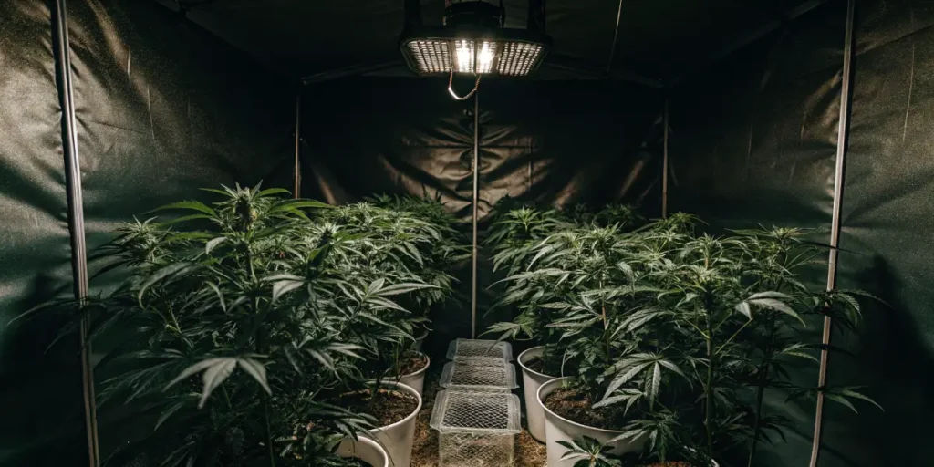 Cannabis plants in an indoor grow tent with overhead lighting system.