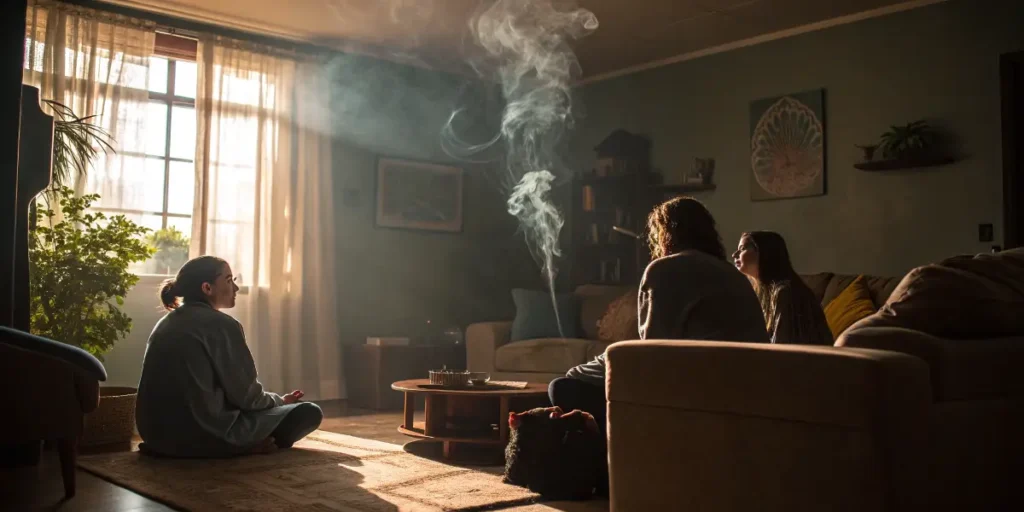 group of people sitting in smoky living room under soft light.