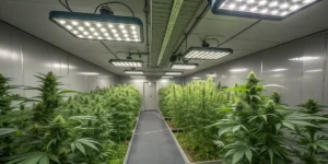 Indoor grow room filled with thriving Arjan's Ultra Haze #1 cannabis plants under LED lights.