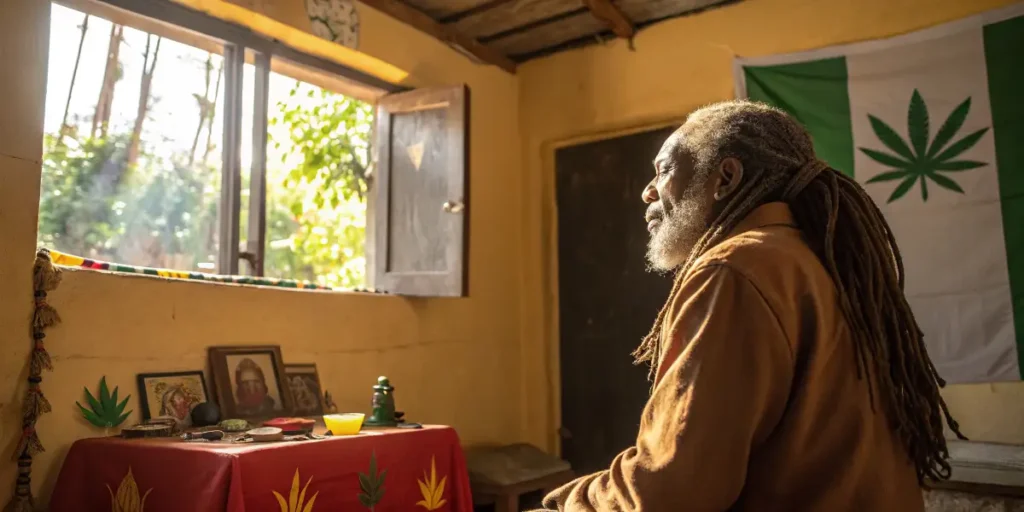 elderly man praying beside altar decorated with cannabis symbols and portraits.