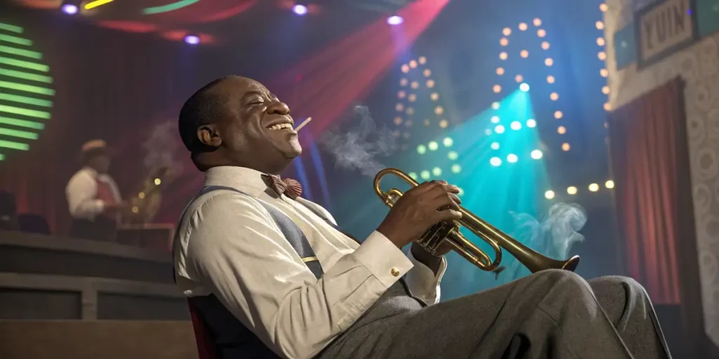 Louis Armstrong smiling and playing trumpet on stage, surrounded by colorful lights.