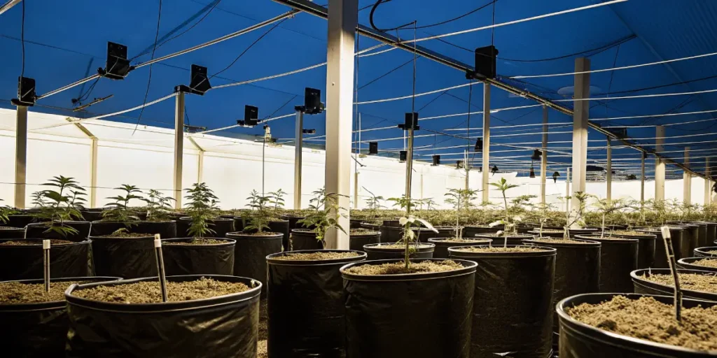 Indoor grow room with multiple LSD Auto cannabis plants in black containers.