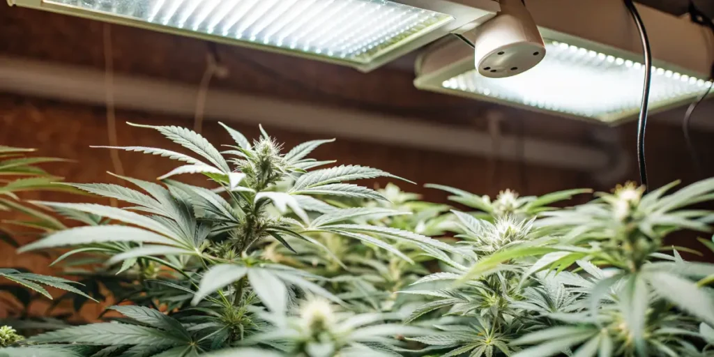 Mature cannabis plants growing under LED grow lights.