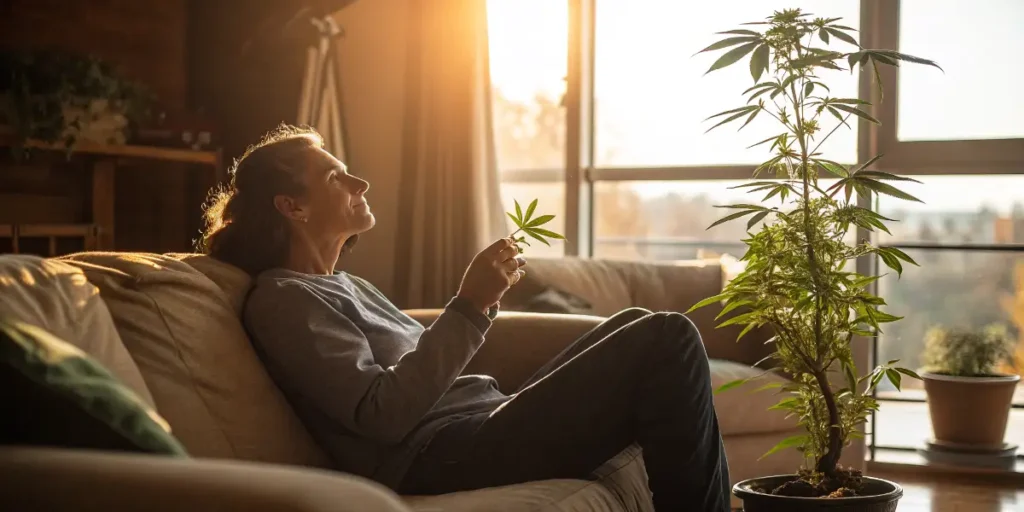relaxed woman admiring cannabis plant in living room during sunset.