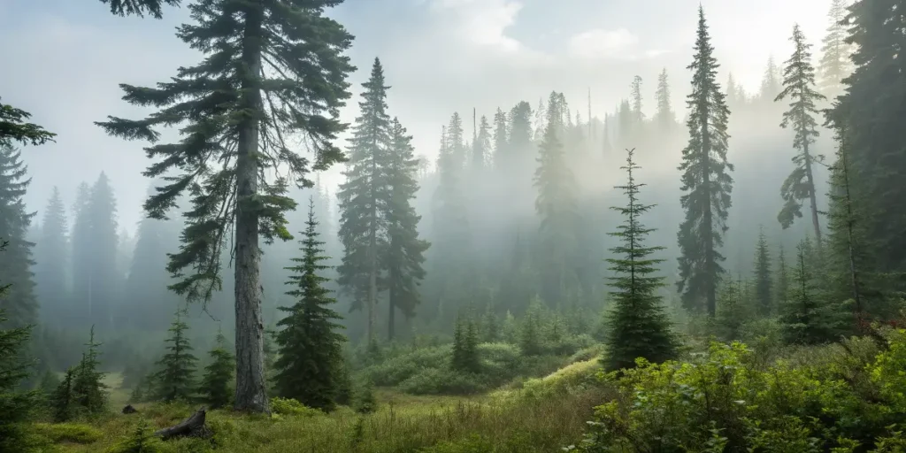 Misty forest with tall pine trees, one of the calming locations to visit while high.