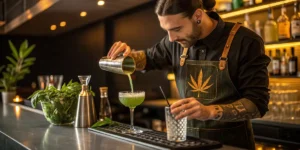 Bartender preparing a green cannabis-infused cocktail behind a modern bar.
