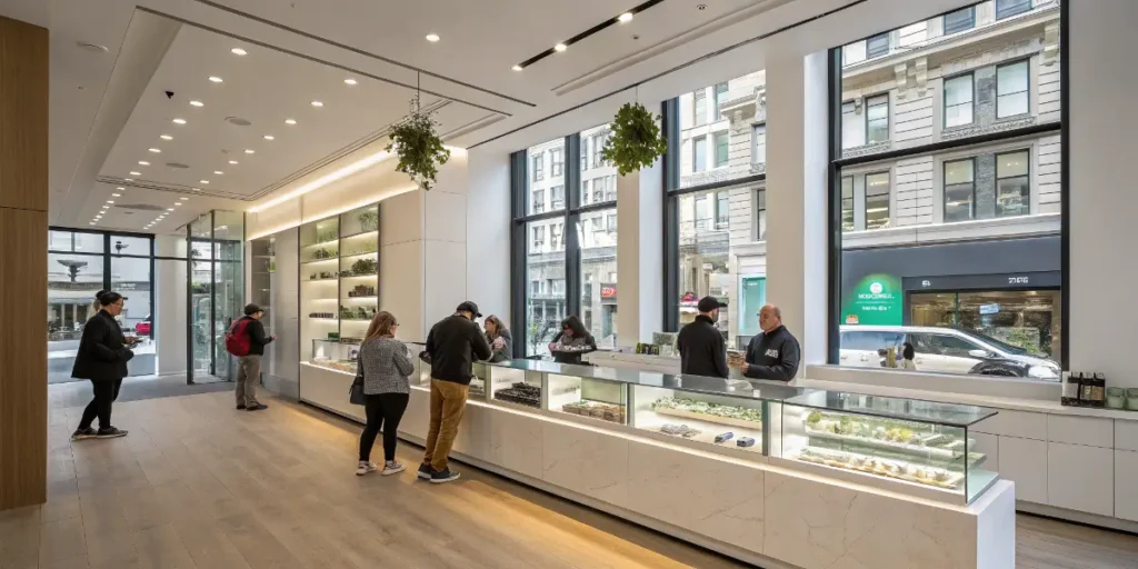 Modern cannabis dispensary interior with customers exploring products in a bright city shop.
