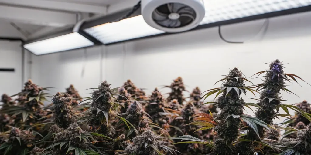 ndoor cannabis grow with LED lights and strong purple buds.