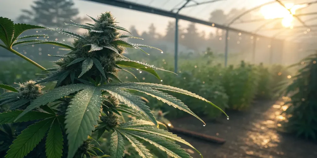 cannabis buds with dew drops shining in early morning light.