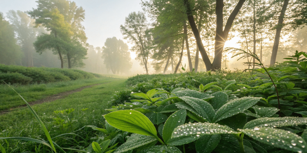 Morning sunlight shining through a forest with dew-covered plants symbolizing natural balance.