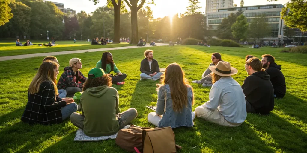 Group of people sitting in a park discussing NORML marijuana reform at sunset.