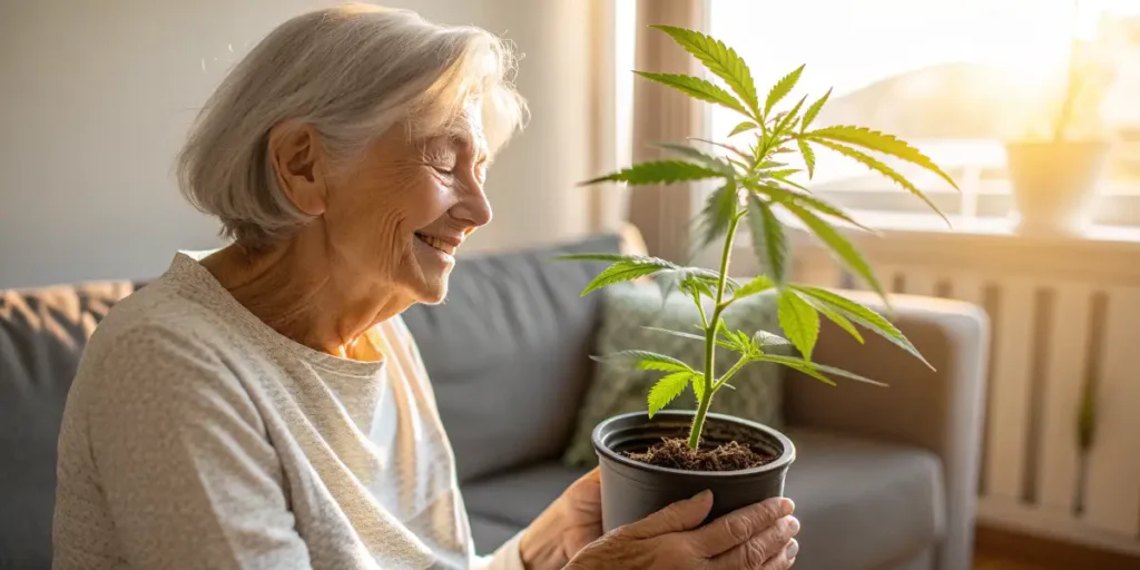 Elderly woman smiling while holding a small cannabis plant in a sunlit living room.