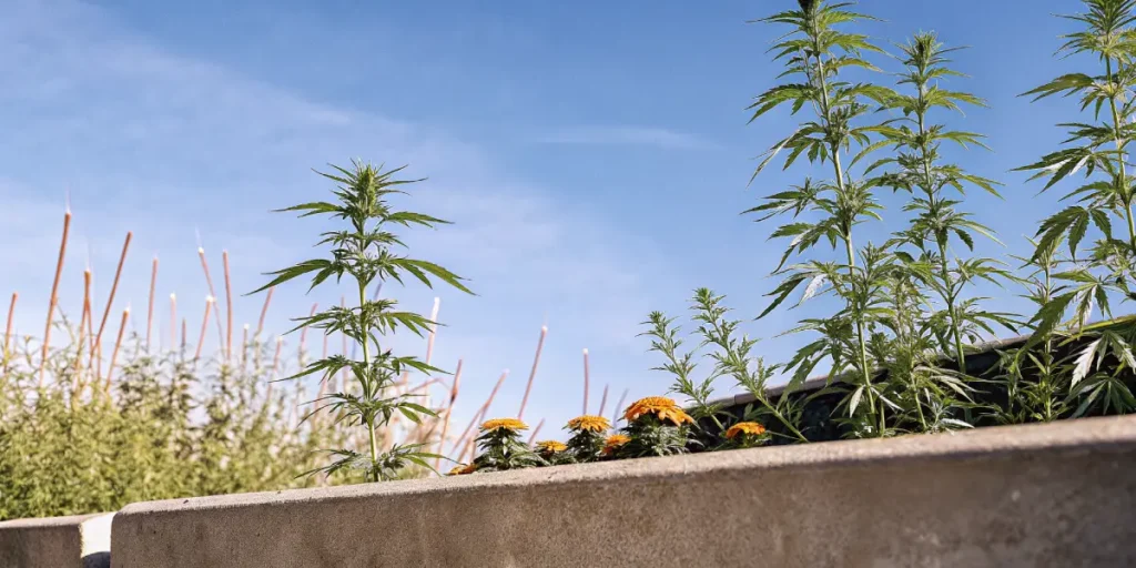 Outdoor autoflower cannabis plants growing alongside marigold companion plants