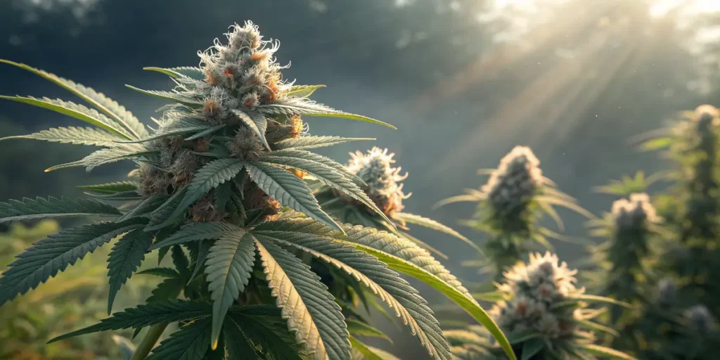 cannabis buds covered in trichomes shining in morning light.