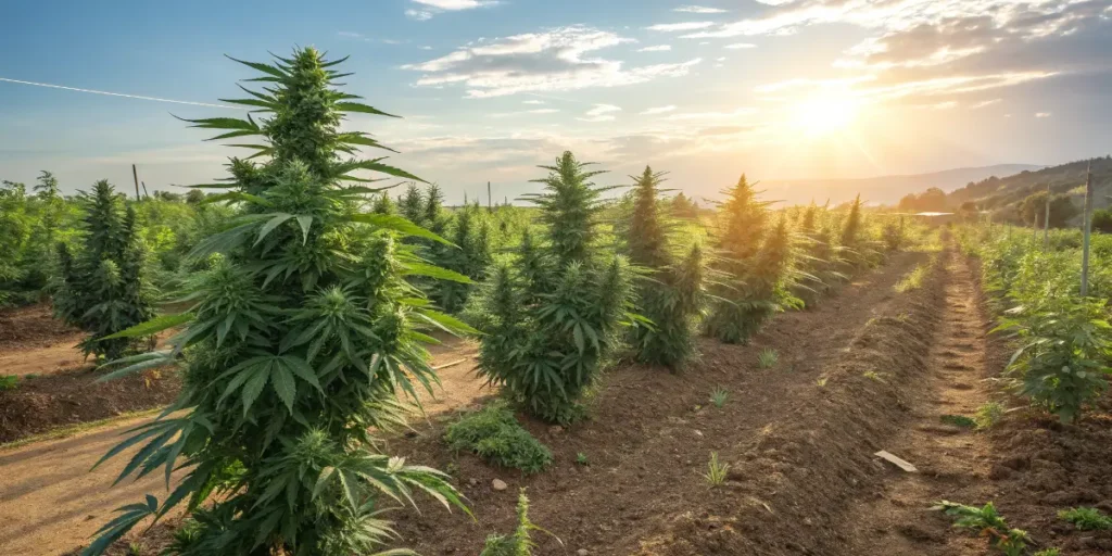 rows of Big Bud Auto plants growing outdoors under bright sunlight.