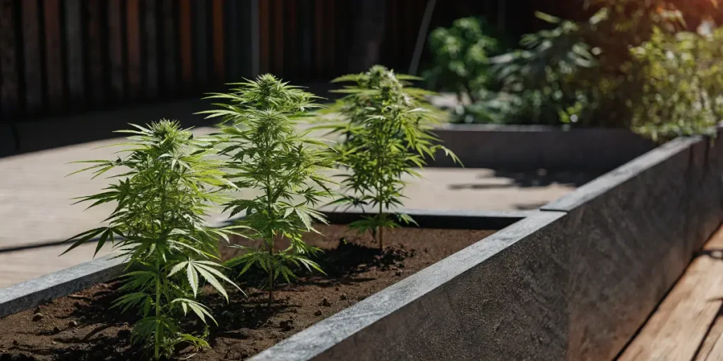 Cannabis plants growing in raised garden beds under natural sunlight