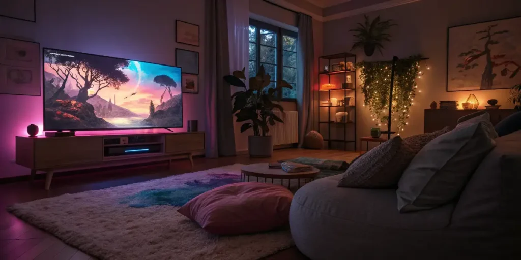 Woman watching animated cartoons on TV at night while eating popcorn.