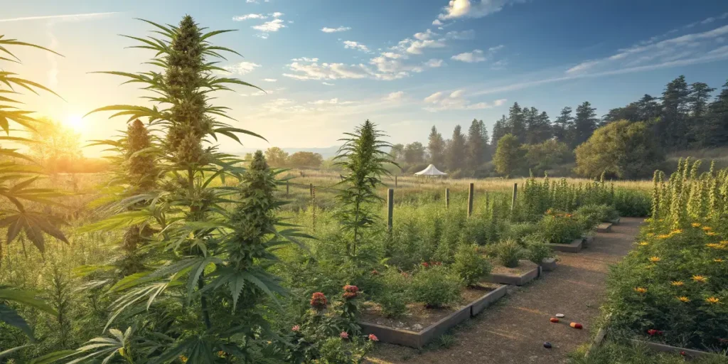 Amsterdam Amnesia cannabis plants growing outdoors in a sunny field during golden hour.