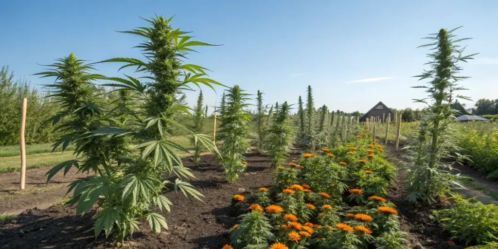 Wedding Crasher cannabis plants growing tall in an outdoor field beside bright marigold flowers.