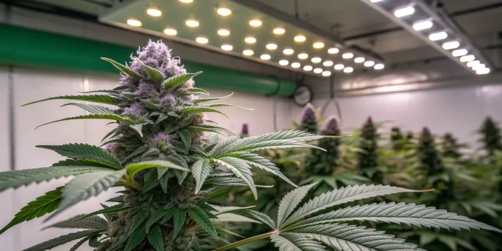 Close-up of a Peyote Cookies cannabis bud with purple hues and dense trichomes.