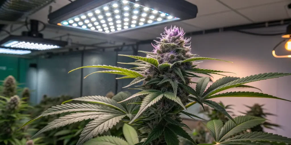Peyote Cookies cannabis plant with purple-tinted buds under LED grow lights in an indoor cultivation setup.
