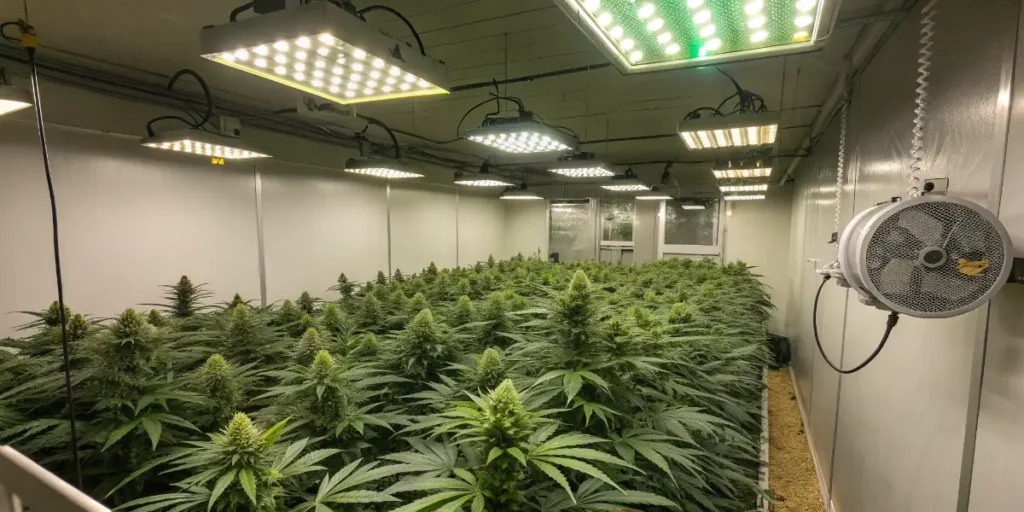 Dense pineapple dream plants flourishing indoors under white LED lights with large ventilation fans.