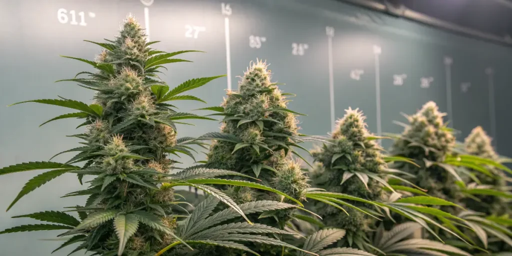 Close-up of pineapple dream plants in the flowering stage with dense buds and trichomes.