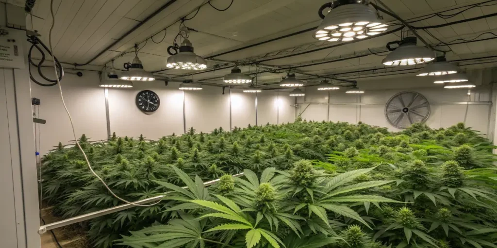 Pineapple dream cannabis plants under bright LED lights in a ventilated indoor grow room.