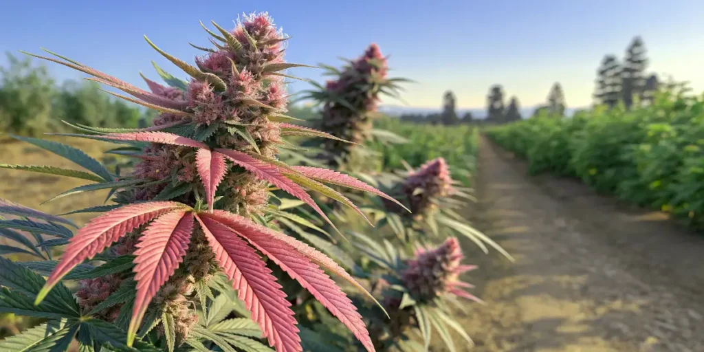 Pink runtz auto cannabis plant with pink and green leaves growing in a sunny outdoor field.