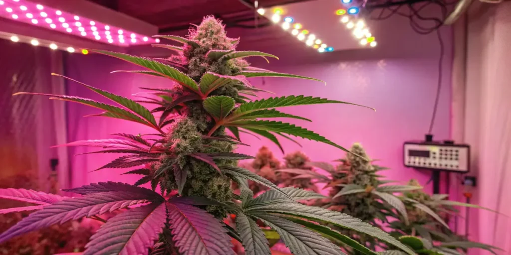 Pink runtz auto plant with red-tinted leaves thriving in an indoor grow setup.