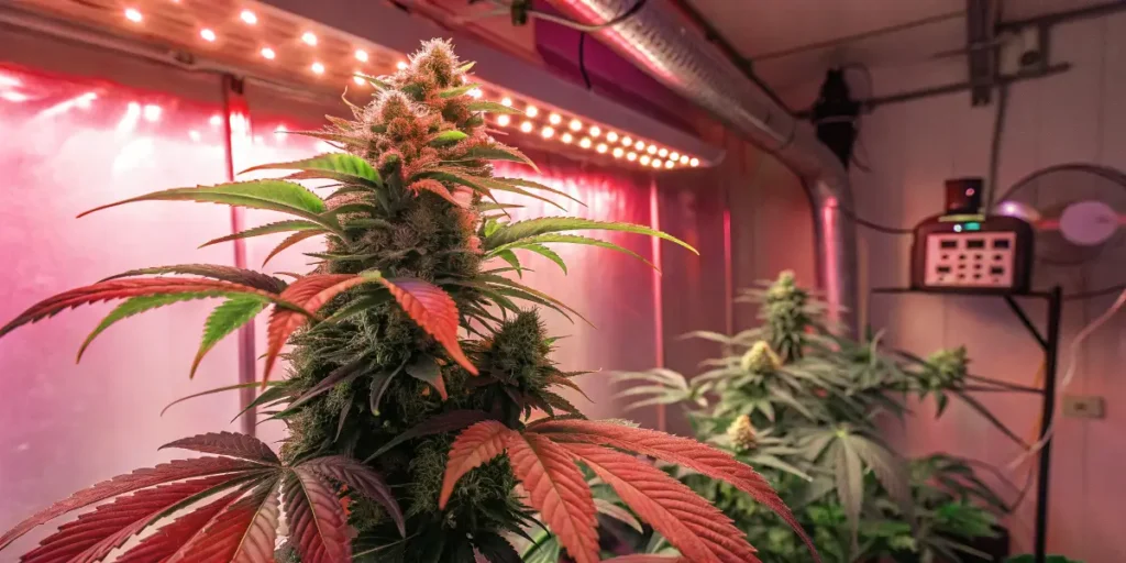 Pink runtz auto plant under LED grow lights with dense green and purple buds.