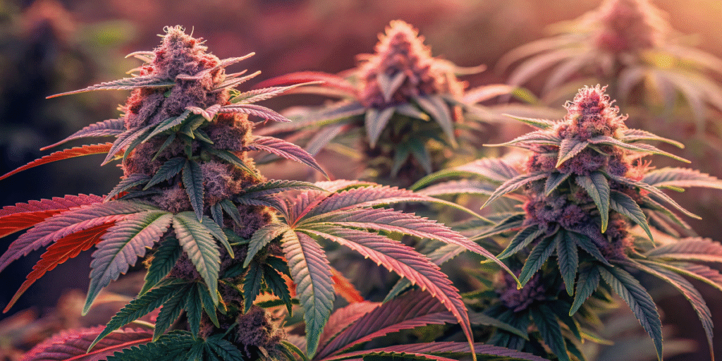 Close-up of Pink Runtz buds with purple hues and orange hairs in soft sunlight.