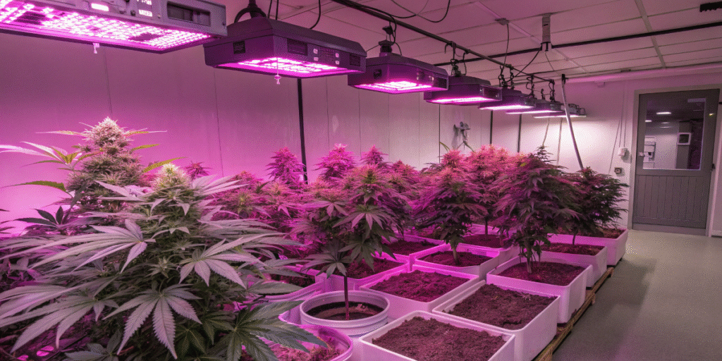 Pink Runtz plants maturing under purple LED grow lights in a modern indoor facility.