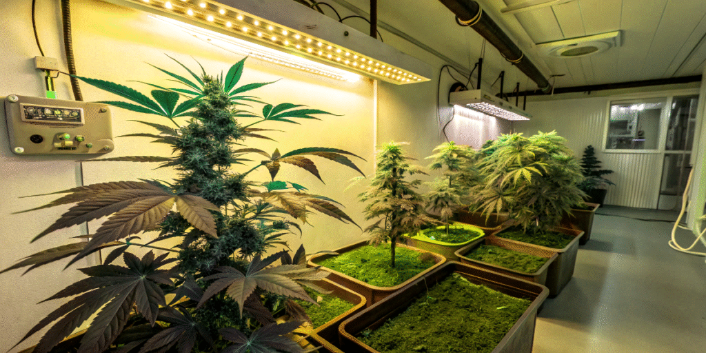 Pink Runtz plants cultivated under yellow LED grow lights in an indoor setup.