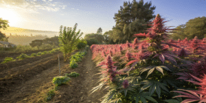 Pink Runtz plants growing outdoors at sunrise with vibrant purple and green foliage.