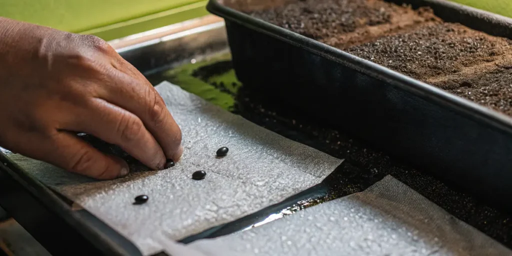 Hand placing cannabis seeds for germination on a moist paper towel.