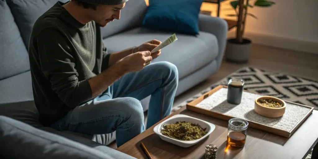 Person preparing cannabis on a table in a cozy living room.