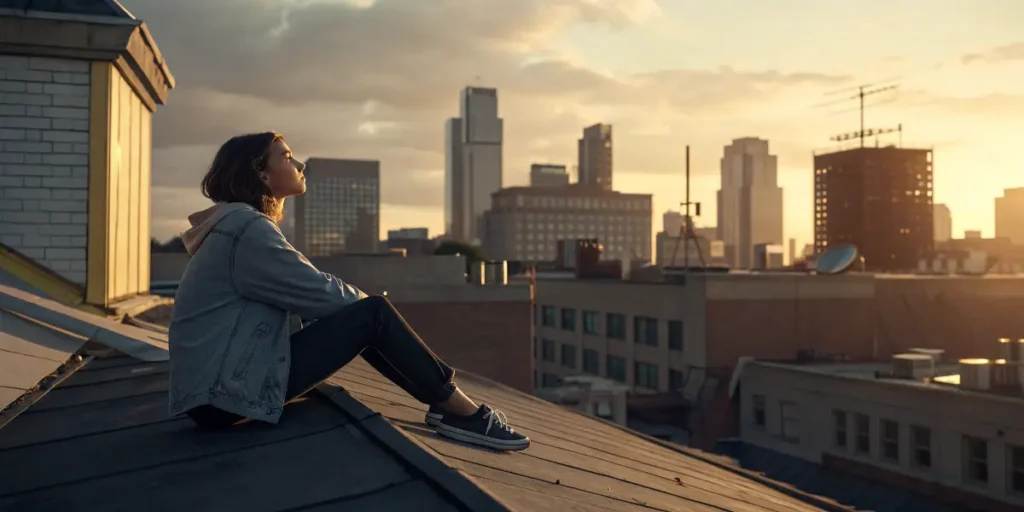 young woman sitting on rooftop at sunset looking thoughtful over city skyline.