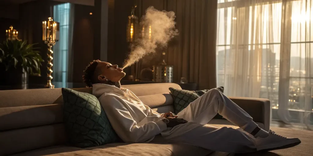 Famous actor smoking on a balcony overlooking the city, one of the celebrities you didn't realise smoked weed