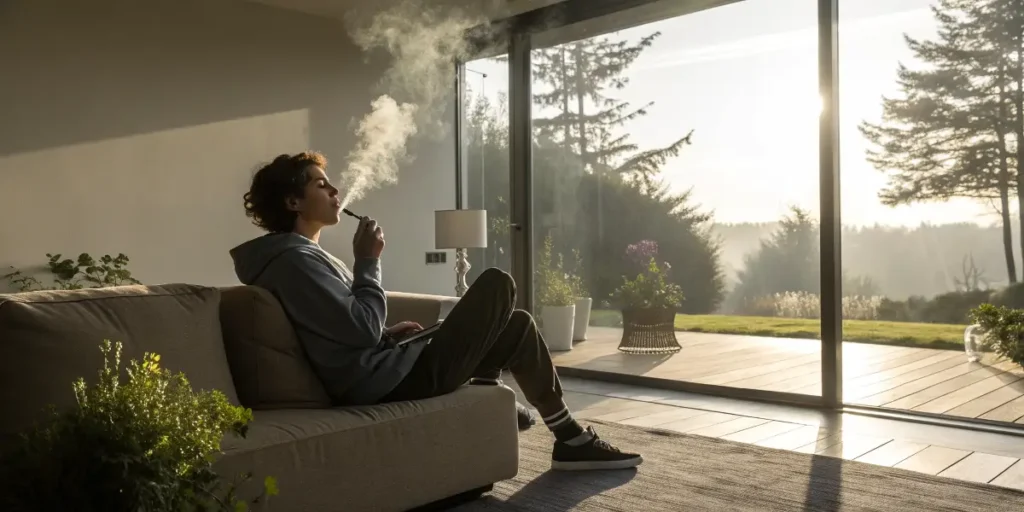 Person relaxing on a couch while vaping cannabis, reflecting lifestyle factors that affect your weed high.